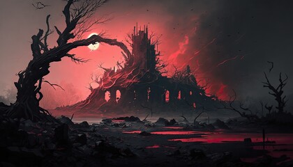 A post-volcanic eruption wasteland with ash-covered ruins, twisted trees, and volcanic lakes, Apocalypse Concept, Ai, Ai generated