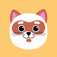 Orange and white breed cat. Head of adorable pet and adorable animal, mammal. Logo for veterinary clinics, cat food. Advertising poster or banner for website. Cartoon flat vector illustration