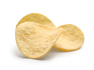 Delicious potato chips isolated on white background