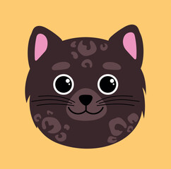 Brown breed cat. Logo for veterinary clinic. Fluffy and charming animal, mammal. Smiling pet. Sticker for social networks and messengers, avatar for website. Cartoon flat vector illustration