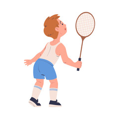 Naklejka na ściany i meble Cute little boy playing tennis. Happy child beating tennis ball with racket playing sports game cartoon vector illustration
