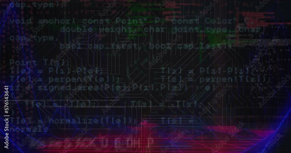 Poster animation of programming language over 3d grid patterns against circuit board texture