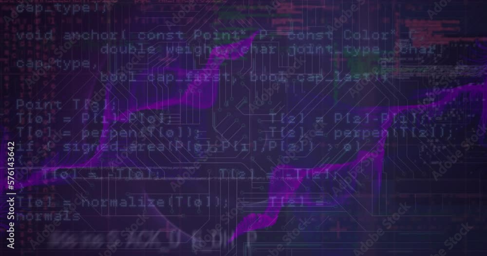 Poster animation of wave patterns over computer language against circuit board pattern in background