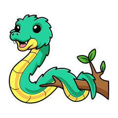 Cute green spiny bush viper cartoon on tree branch