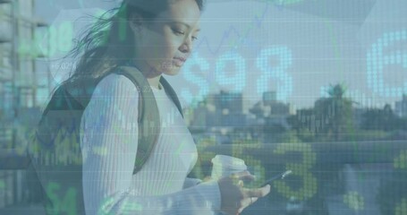 Animation of stock market data processing over asian woman using smartphone on city bridge - Powered by Adobe