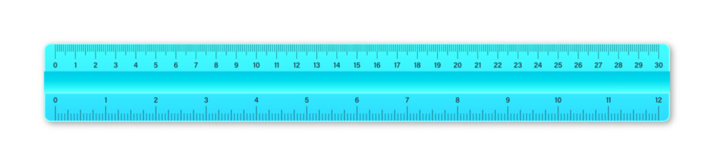 Realistic plastic ruler with measurement scale and divisions, measure marks. School ruler, centimeter and inch scale for length measuring. Office supplies. Vector illustration