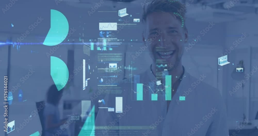 Poster Animation of screens with statistical data processing against caucasian man smiling at office