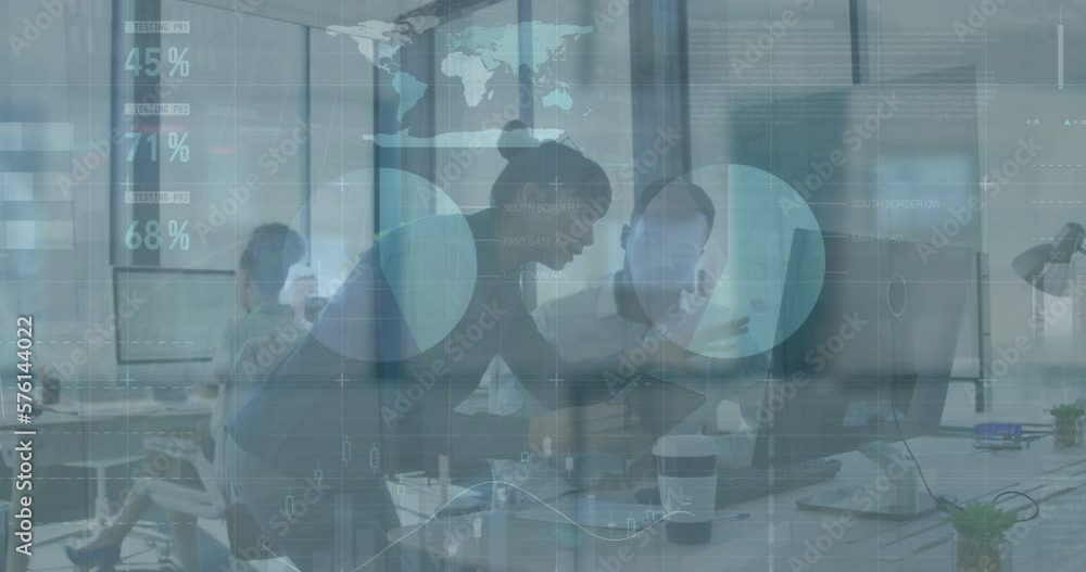 Poster animation of statistical data processing against diverse man and woman discussing at office