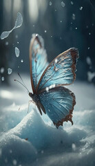 Winter's Magic: Serene Blue Butterfly in a Snowy Forest ai generative