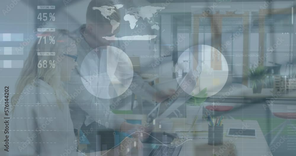 Poster animation of data processing against diverse man and woman smiling looking at document at office