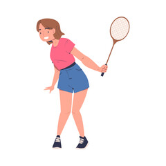 Fototapeta na wymiar Happy teenage girl playing tennis. Smiling girl in t-shirt and shorts training with racket cartoon vector illustration
