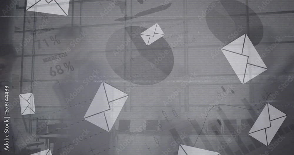 Poster animation of message icons and data processing over time-lapse of people walking at office