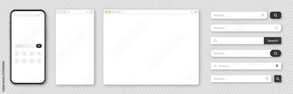 Poster smartphone, blank internet browser window with various search bar templates. web site engine with se