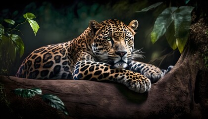 Naklejka na ściany i meble A Jaguar in the amazon rain forest - digital art