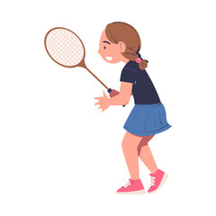 Naklejka na ściany i meble Cute little girl playing tennis. Happy child beating tennis ball with racket playing sports game cartoon vector illustration