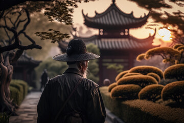 A man wandering through the beautiful classical gardens in Suzhou at sunset: An idyllic scene of traditional Chinese garden design AI Generative
