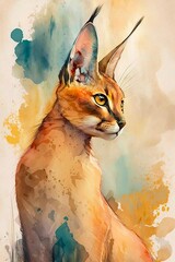 Watercolor portrait of a cute caracal cat. Abstract illustration of a wildcat in orange tones. Generative AI, aquarelle style.