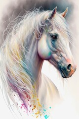 Obraz na płótnie Canvas Watercolor abstract portrait of a beautiful white horse. Generative AI art.