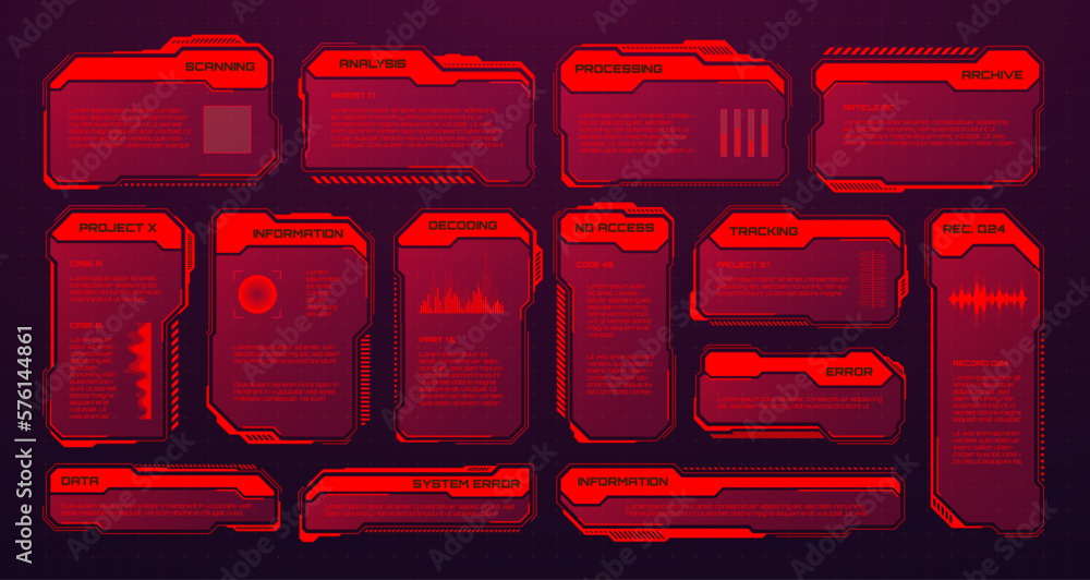 Poster Red futuristic HUD or UI elements. Sci-fi user interface text boxes, callouts. Warning message frames, information boxes template. Modern game interface layout in digital style. Vector illustration