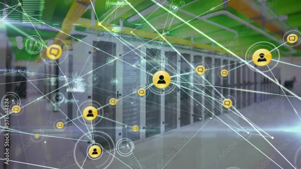 Poster animation of network of connections, data processing and light spots against computer server room