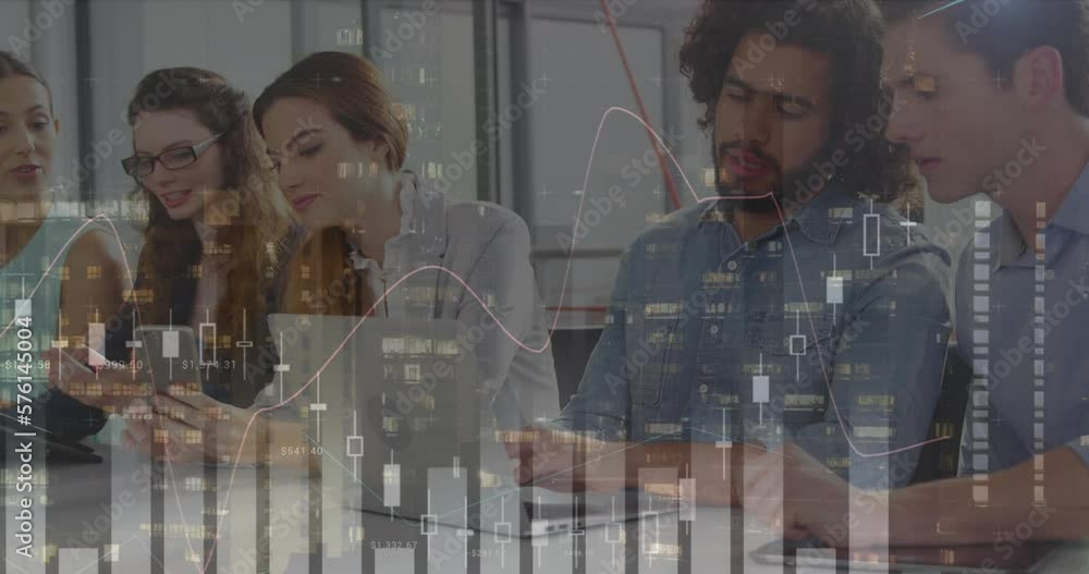 Poster animation of statistical data processing over two diverse men discussing over a laptop at office