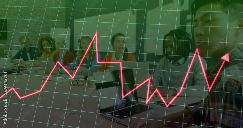 Aufkleber animation of statistical data processing over diverse colleagues working in a meeting room at office