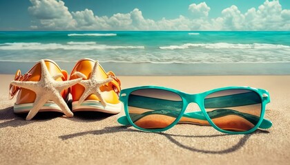 Fototapeta na wymiar Sunglasses, starfish and flip flops on the beach. Generative AI