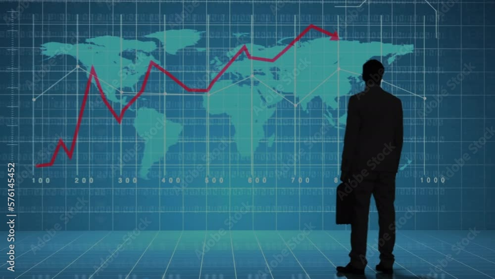 Poster animation of financial data processing over businessman and world map