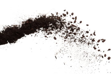 Fertilizer Coffee bean seed powder mixed soil fly fall, Fertilizer Coffee bean soil for planting float in air. Fertilizer Coffee bean throw in mid air. White background isolated high speed freeze