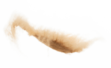 Small size fine Sand flying explosion, Golden grain wave explode. Abstract cloud fly. Yellow colored sand splash silica in Air. White background Isolated high speed shutter, throwing freeze shot