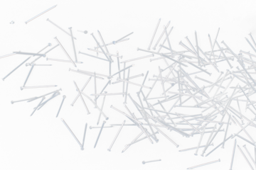 Long Nail fly floating in mid air. Many group screw nails short long metal fall as construction tools. Black background isolated. New Screwdriver Nail fall down unbox steel hardware work