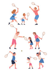 Fototapeta na wymiar Happy people playing tennis set. Children training with rackets and ball cartoon vector illustration