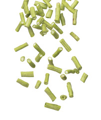 Chopped Long yard bean fly explosion, Cut green long beans for food cooking float in air. Raw slice long yard bean throw in mid air as food material. White background isolated high speed freeze motion