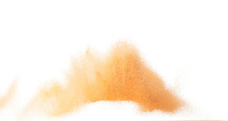 Small size orange Sand flying explosion, fruit sands grain wave explode. Abstract cloud fly. Orange colored sand splash throwing in Air. White background Isolated high speed shutter, throwing freeze