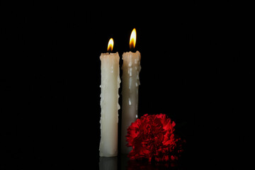 Burning candles with carnation flowers on dark background. Mourning concept