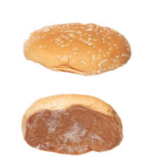Fried bread Burger fly explosion, Bread Burgers fall down. Hot bread chicken burger fast food throw splash in air. White background Isolated high speed shutter, freeze action