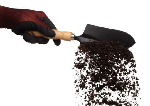 Fertilizer Organic mixed soil fly fall in shovel, tube compost fertilizer soil for planting float in air. Organic fertilizer soil throw in mid air. White background isolated high speed freeze motion