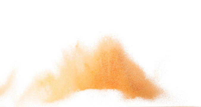 Small size orange Sand flying explosion, fruit sands grain wave explode. Abstract cloud fly. Orange colored sand splash throwing in Air. White background Isolated high speed shutter, throwing freeze