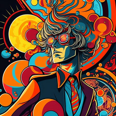 Abstract illustration of a musician/technician wearing glasses in bright colors