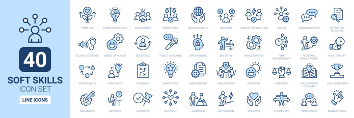 Soft skills icon set. Containing empathy, problem-solving, management, leadership, punctuality and communication line icon. Outline icon collection. - obrazy, fototapety, plakaty