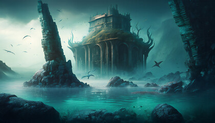 Asgard world of the gods - home of the Aesir - Water landscape - German Mythologies - Generative AI