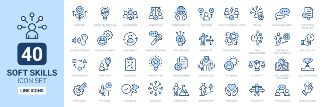 Soft skills icon set. Containing empathy, problem-solving, management, leadership, punctuality and communication line icon. Outline icon collection.