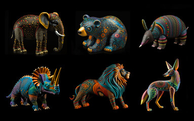 Obraz premium Set of six colorful, detailed, alebrije animal figures on a black background. Elephant, bear, armadillo, rhino, lion, coyote. Traditional Oaxaca Mexico carvings. Created with Generative AI technology.