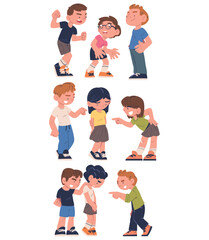 Sad kids being bullied by schoolmates set. Children laughing and mocking at upset boys and girls cartoon vector illustration