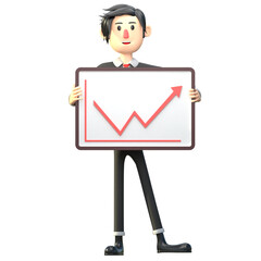3d character illustration of white male businessman posing holding a board showing uphill profit graph increase