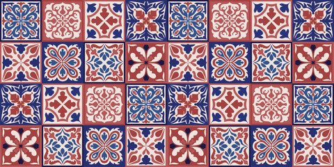 Seamless Moroccan mosaic Tile pattern with colorful Patchwork. Vintage Portugal azulejo, Mexican Talavera, Italian majolica Ornament, Arabesque motif or Spanish ceramic Mosaic