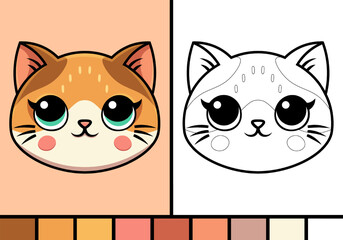 Cute cat face cartoon illustration in coloring page style baby pet animal