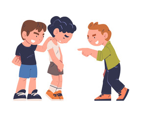 Sad boy being bullied by his schoolmates. Children laughing and pointing at upset boy. Mockery and bullying at school cartoon vector illustration