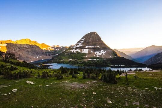 Panoramic View of Hidden Lake and Bearhat Mountain in Glacier National Park