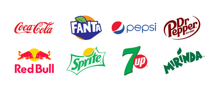 Carbonated soft drink logo set. Coca Cola, Pepsi, Dr Pepper, Red Bull, Fanta, Sprite drinks icons. Top drink company brand logo set on transparent background. 10 EPS.